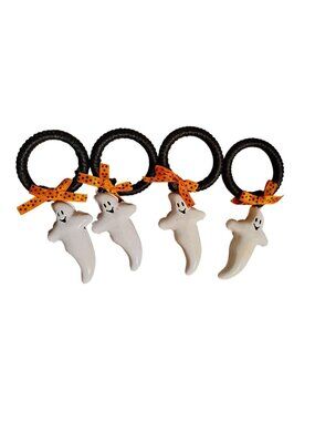 4 Metal White Happy Ghost Napkin Rings, Halloween Black Orange Bow Cottagecore